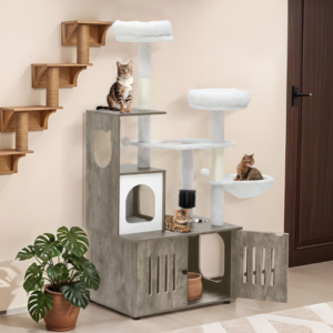59" Modern Wood Cat Tree for Indoor with Litter Box Enclosure and Cat Condo